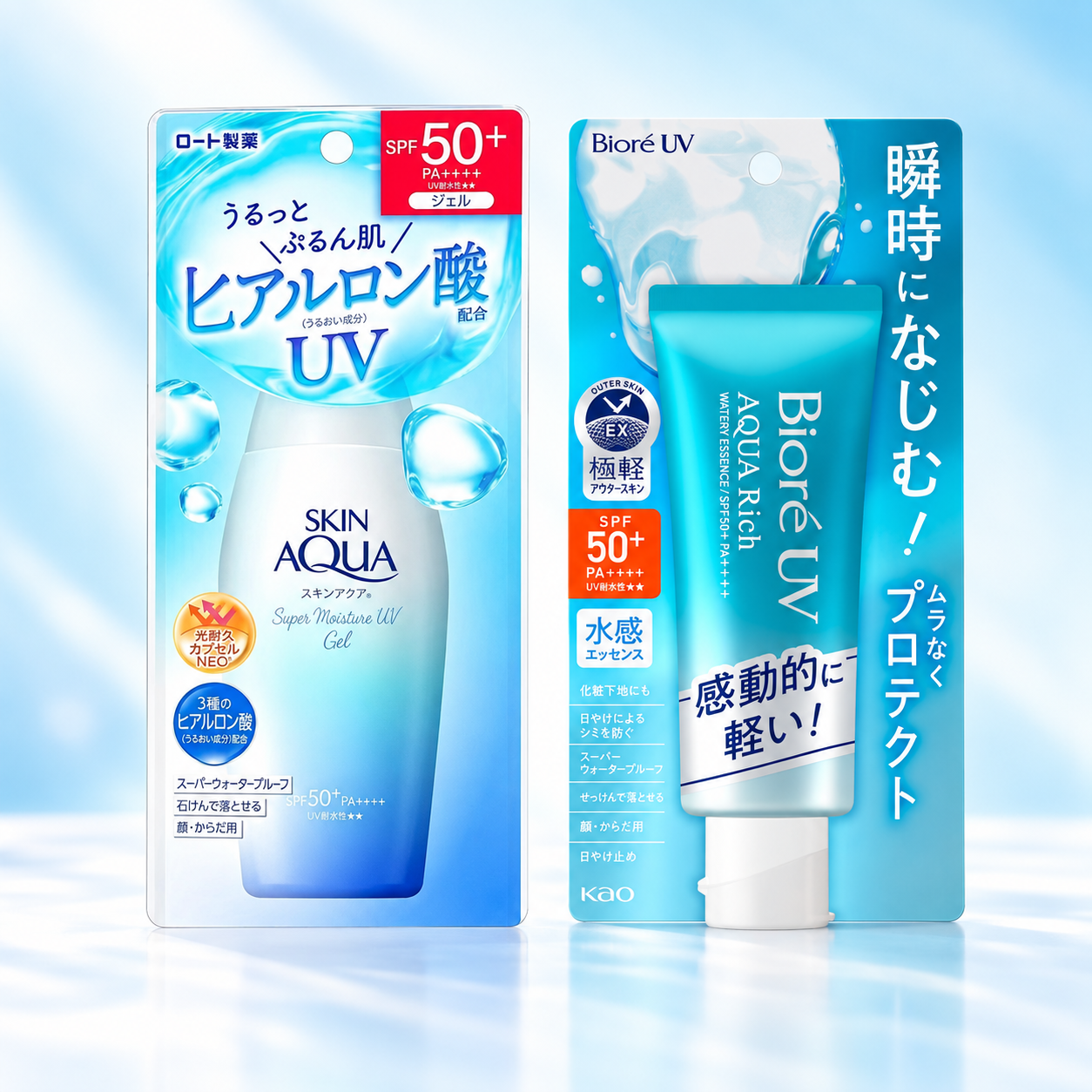 Japanese everyday sunscreen duo with SKIN AQUA gel and Bioré UV Aqua Rich essence